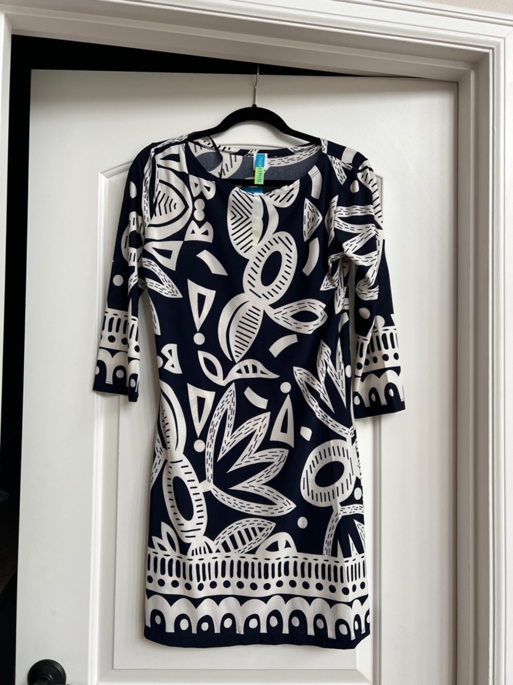 Express Navy and White Abstract Print Midi Dress (lightweight)